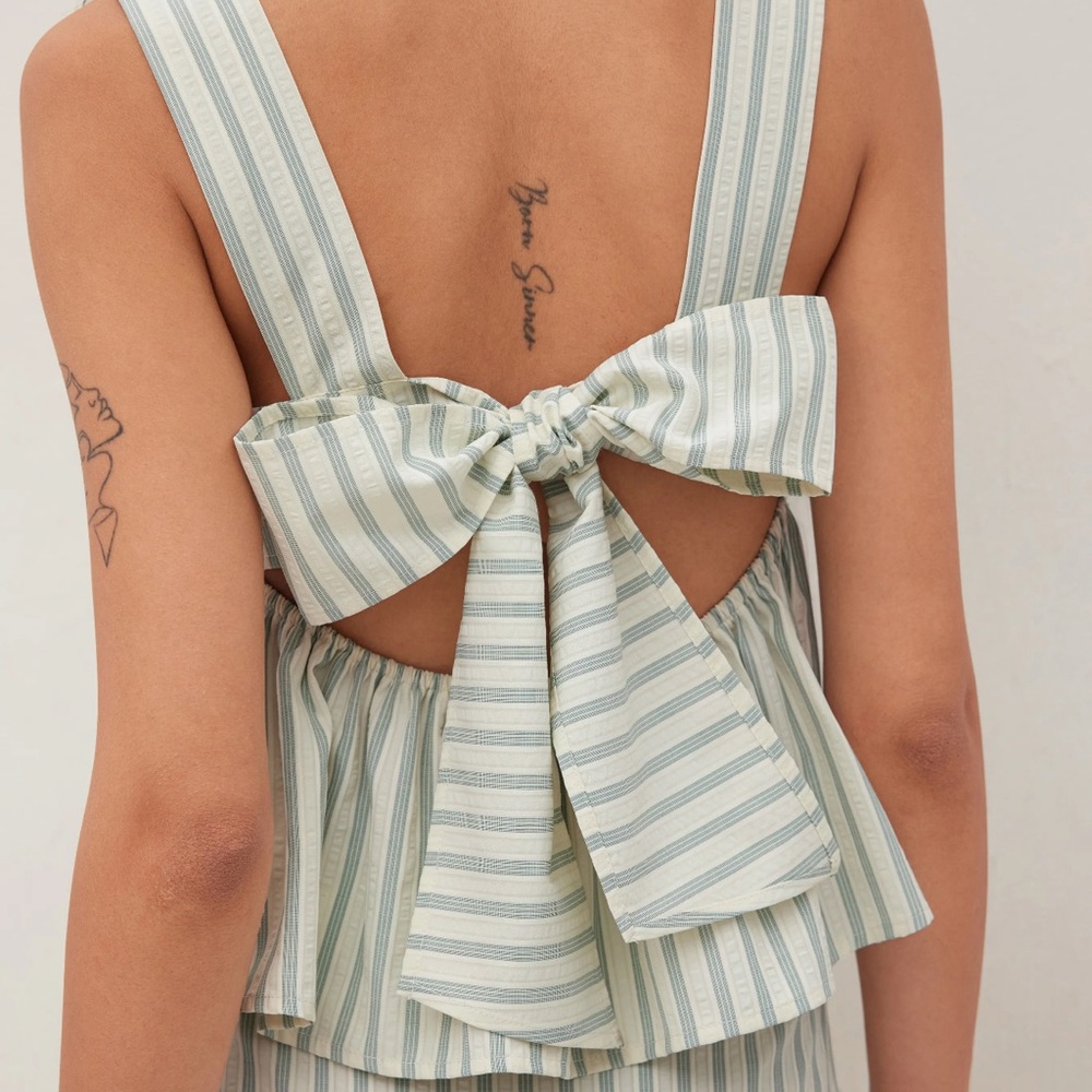 Cider Cotton Blend Striped Bow Ruffle Peplum Babydoll Cami Top